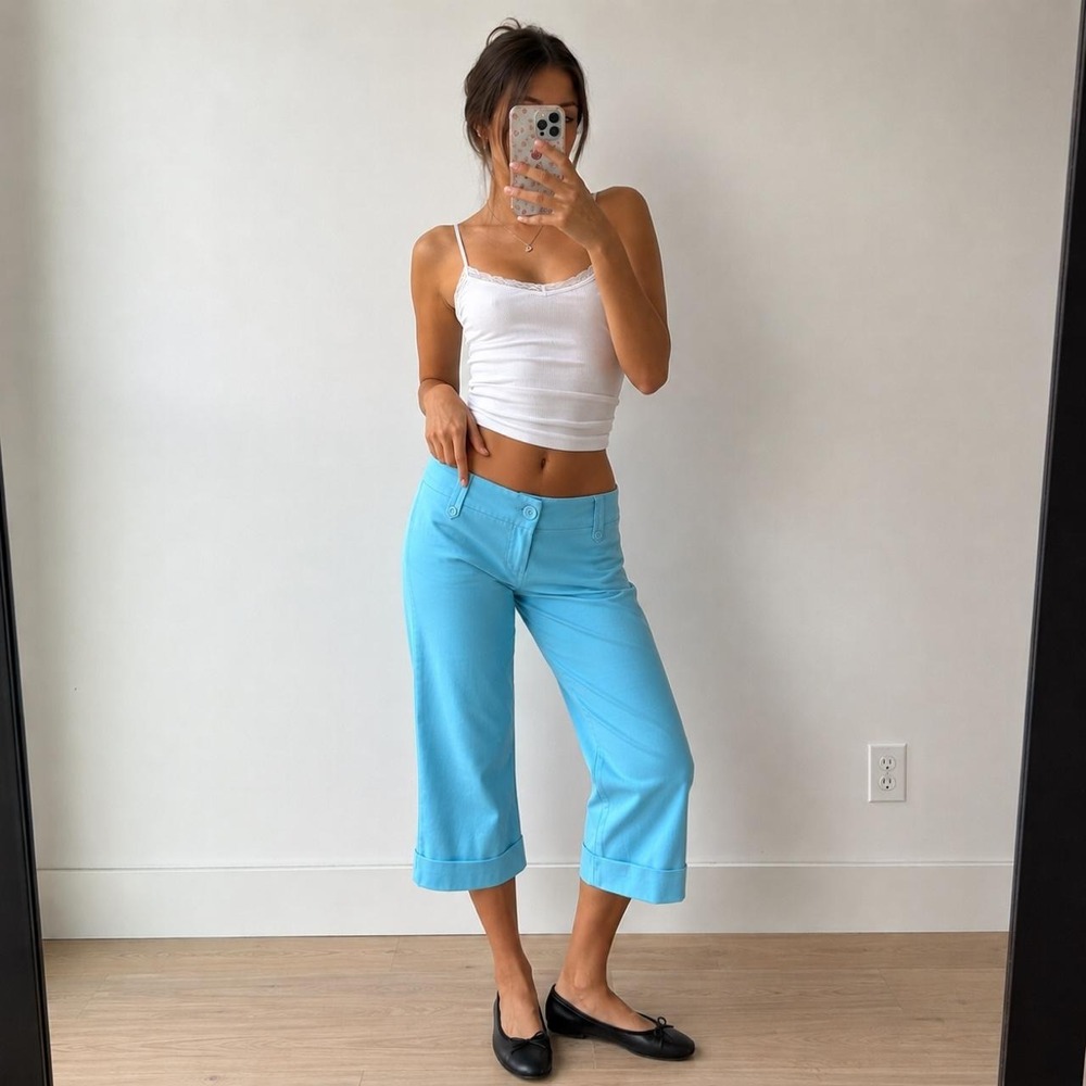 Vintage Y2K Blue Low Rise Capri Pants Wide Leg Women 2 Mcbling Streetwear 2000s